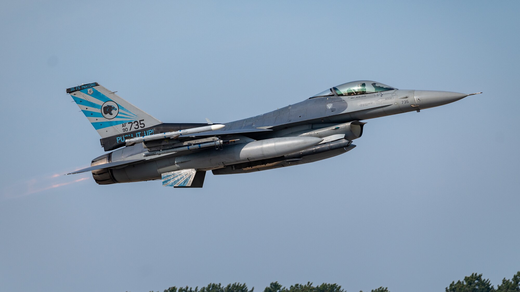 A U.S. Air Force F-16 Fighting Falcon, assigned to the 35th Fighter Squadron, takes off at Kunsan Air Base.