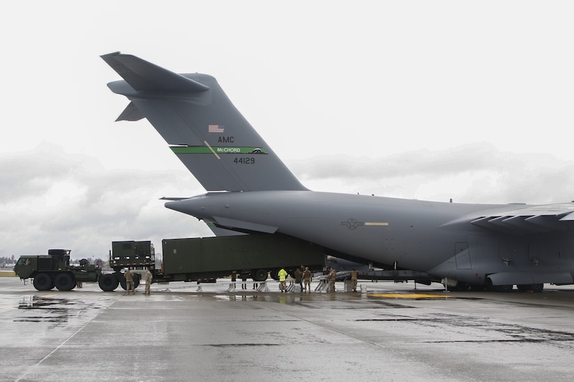Mid-Range Capability (MRC) Launcher from Charlie Battery, 5th Battalion, 3rd Field Artillery Regiment, Long Range Fires Battalion, 1st Multi-Domain Task Force is loaded into a U.S Air Force C-17 Globemaster III as part of the capability’s first deployment into theater on Joint Base Lewis-McChord, Wash., April 4, 2024.