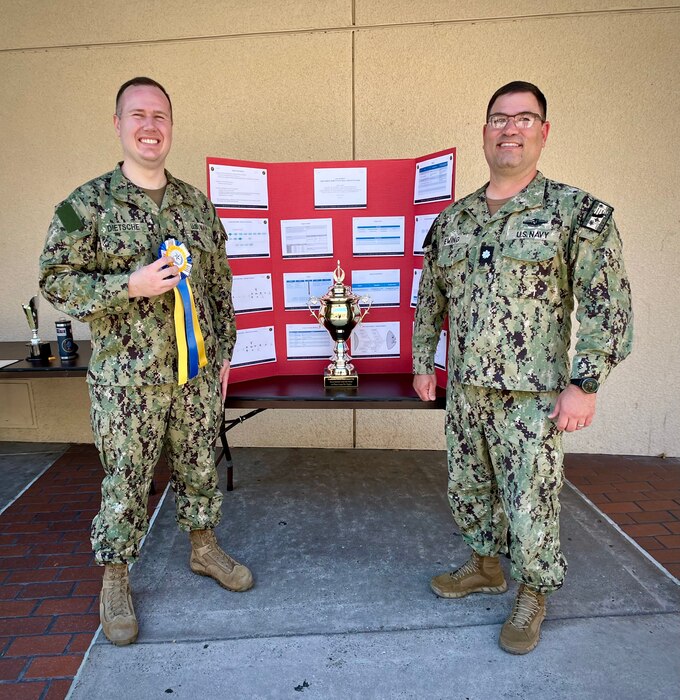 (April 11, 2024) Naval Medical Center San Diego (NMCSD) held its annual Continuous Process Improvement Fair in the command courtyard where dozens of projects were on display, demonstrating a commitment to excellence, 11 April 2024. The winning Lean Six Sigma entry from Naval Health Branch Clinic (NHBC), Marine Corps Recruit Depot (MCRD), San Diego, consisted of seeking efficiencies in recruit medical processing. Cmdr. John Ewing, NMCSD chief Medical Officer and director Quality Management, right, stands with Lt. Noah Dietsche, NHBC, MCRD, Recruit Processing division officer, left, in front of the winning project. The mission of NMCSD is to prepare service members to deploy in support of operational forces, deliver high quality health care services, and shape the future of military medicine through education, training, and research. NMCSD employs more than 5,000 active-duty military personnel, civilians and contractors in southern California to provide patients with world-class care. Anchored in Excellence, Committed to Health!