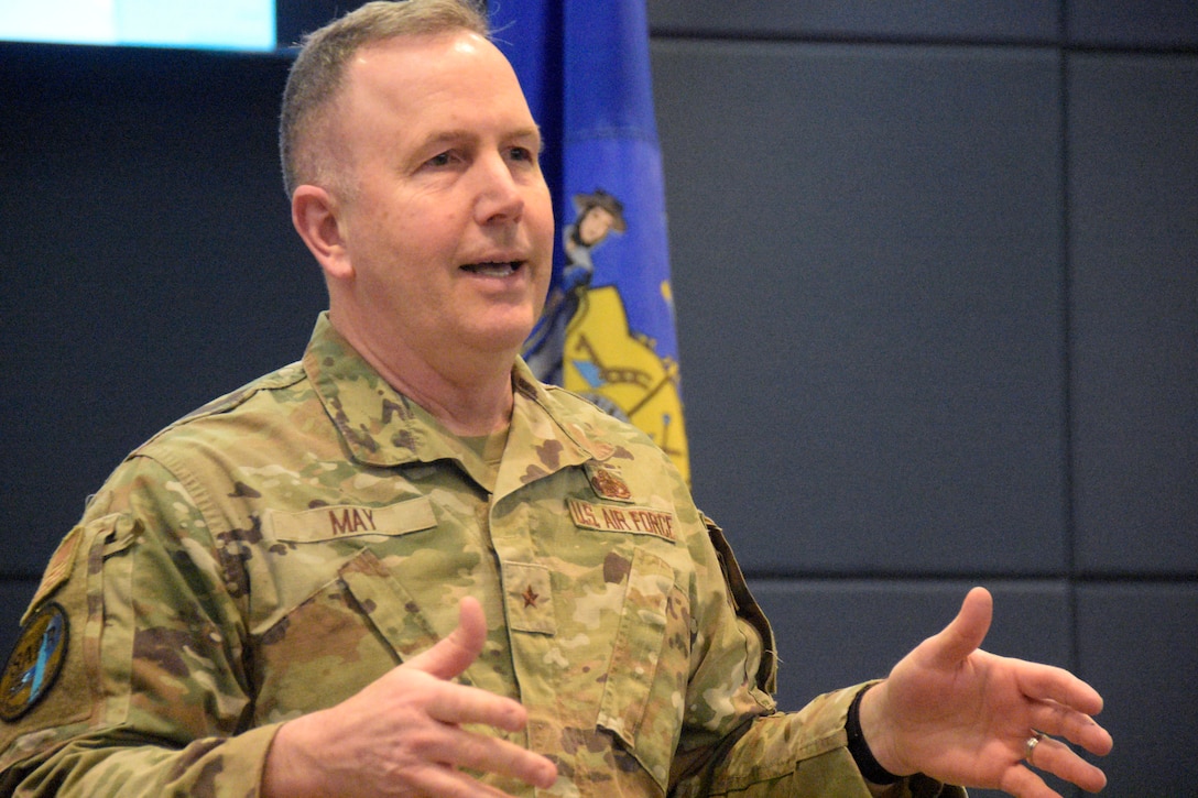 Brig. Gen. David May, Wisconsin’s deputy adjutant general for Air, speaks during an April 2 kickoff event commemorating Sexual Assault Awareness and Prevention Month in the Wisconsin National Guard. As part of the event, a proclamation was read aloud and a large copy of the proclamation was signed. The theme for this year’s campaign is “Forging Forward with Change” and reflects the work required to cultivate a culture in which everyone plays an active role in identifying and preventing sexual misconduct. Wisconsin Department of Military Affairs photo by Vaughn R. Larson