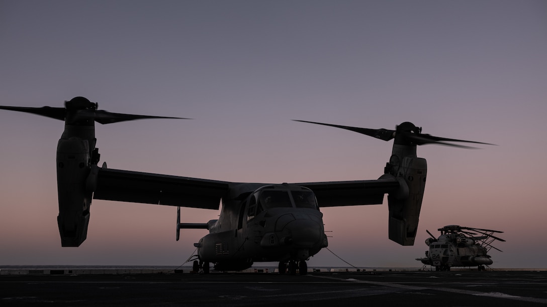 A U.S. Marine Corps MV-22 Osprey with Marine Medium Tiltrotor Squadron 365 (Reinforced), 24th Marine Expeditionary Unit (MEU), conducts flight operations USS New York (LPD 21) while underway in the Atlantic Ocean, April 13, 2024. The USS New York, with embarked 24th MEU, is underway in the Atlantic Ocean completing integrated naval training as the WSP ARG-24th MEU team under the evaluation of Carrier Strike Group (CSG) 4 and Expeditionary Operations Training Group (EOTG). CSG 4 and EOTG work together to deliver with Joint and Allied teammates to mentor, train, and assess Amphibious Ready Groups and Marine Expeditionary Units in support of U.S. and Allied economic, security, and defense interests.