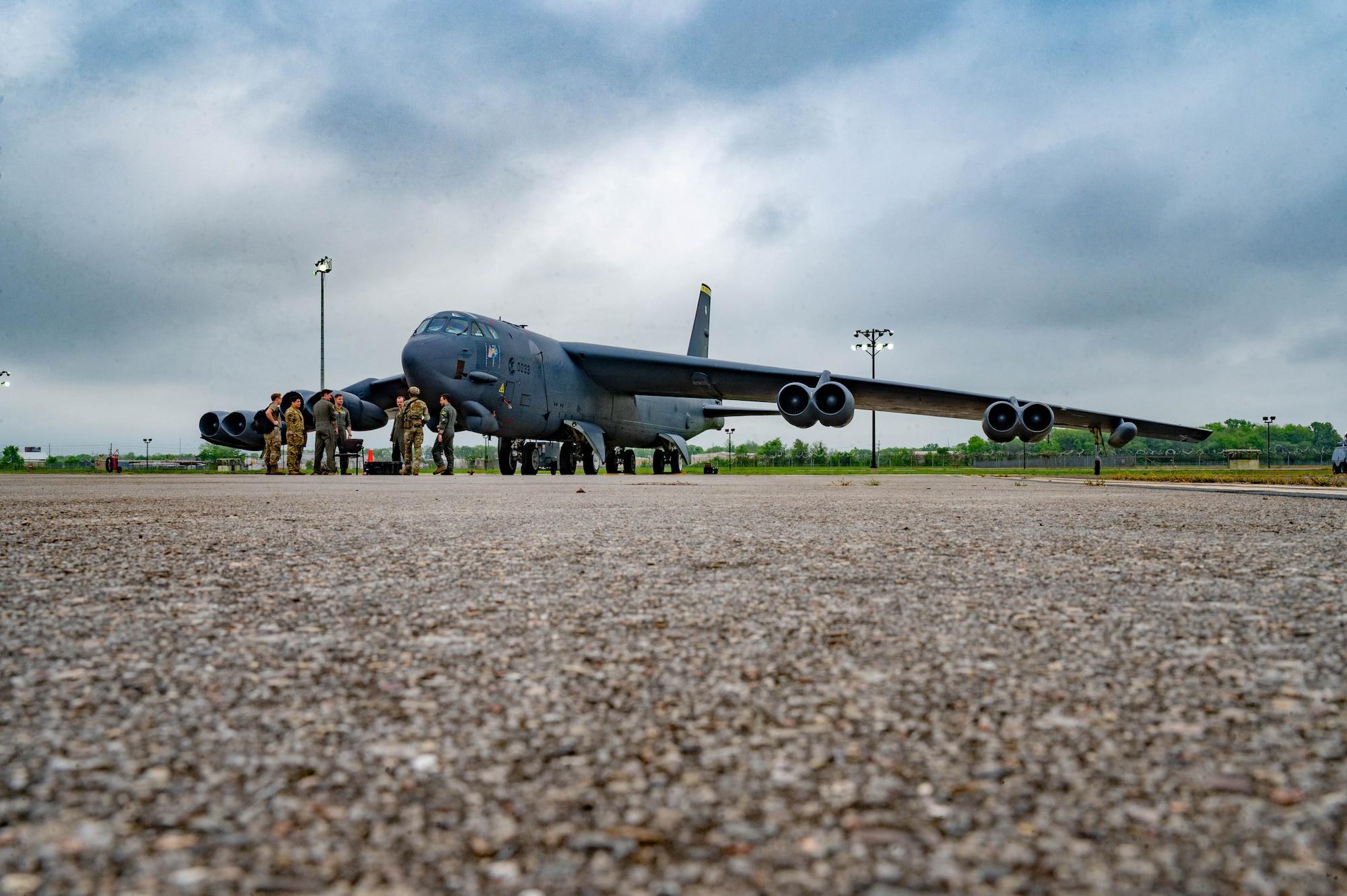 A B-52H Stratofortresses assigned to the 5th Bomb Wing awaits takeoff during exercise Bayou Vigilance on April 8, 2024 at Barksdale Air Force Base, La.