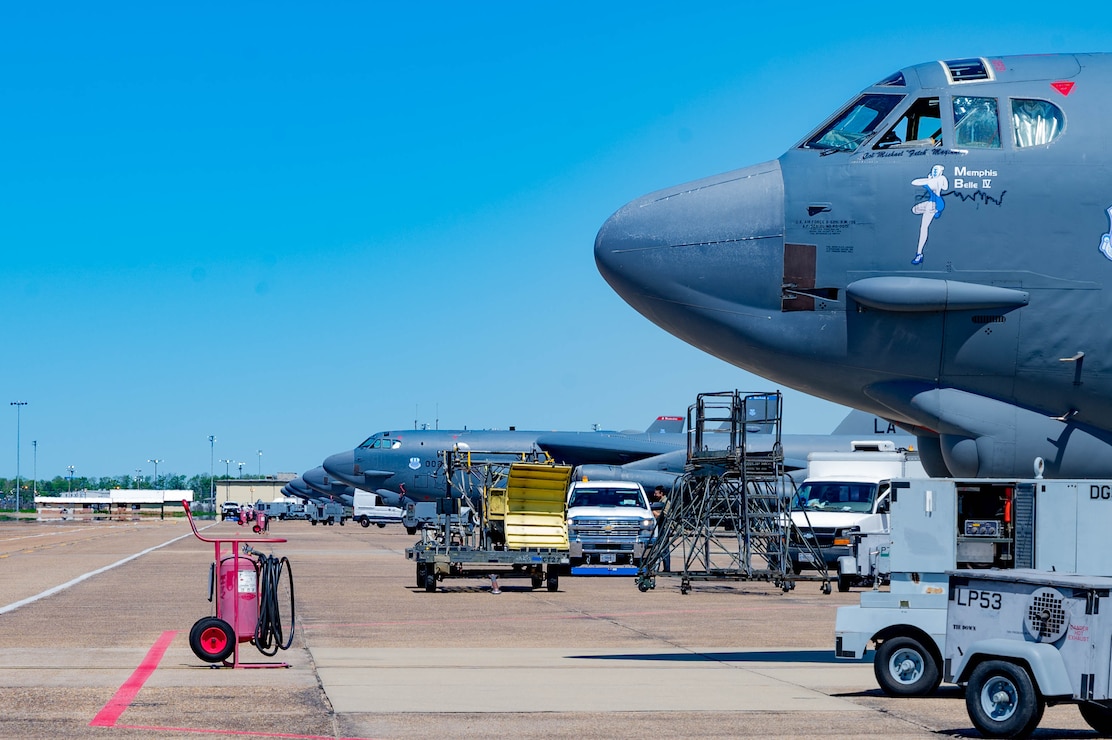 B-52H Stratofortresses receive maintenance during exercise Bayou Vigilance on April 3, 2024 at Barksdale Air Force Base, La.