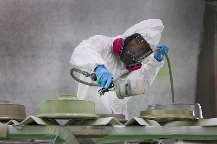 U.S. Air Force Airman 1st Class Trevor Robinson, 9th Maintenance Squadron aircraft structural maintenance apprentice, applies a layer of primer to a U-2 Dragon Lady wheel on Beale Air Force Base, California, Dec. 19, 2023.