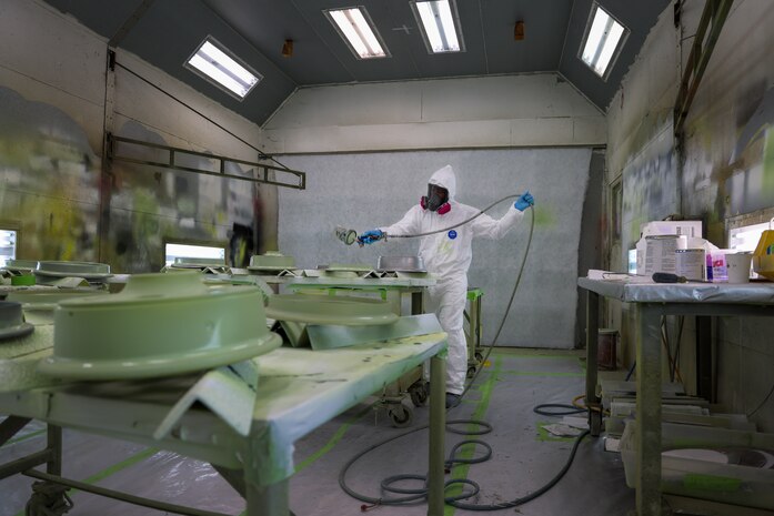 U.S. Air Force Airman 1st Class Trevor Robinson, 9th Maintenance Squadron aircraft structural maintenance apprentice, applies a layer of primer to a U-2 Dragon Lady wheel on Beale Air Force Base, California, Dec. 19, 2023.