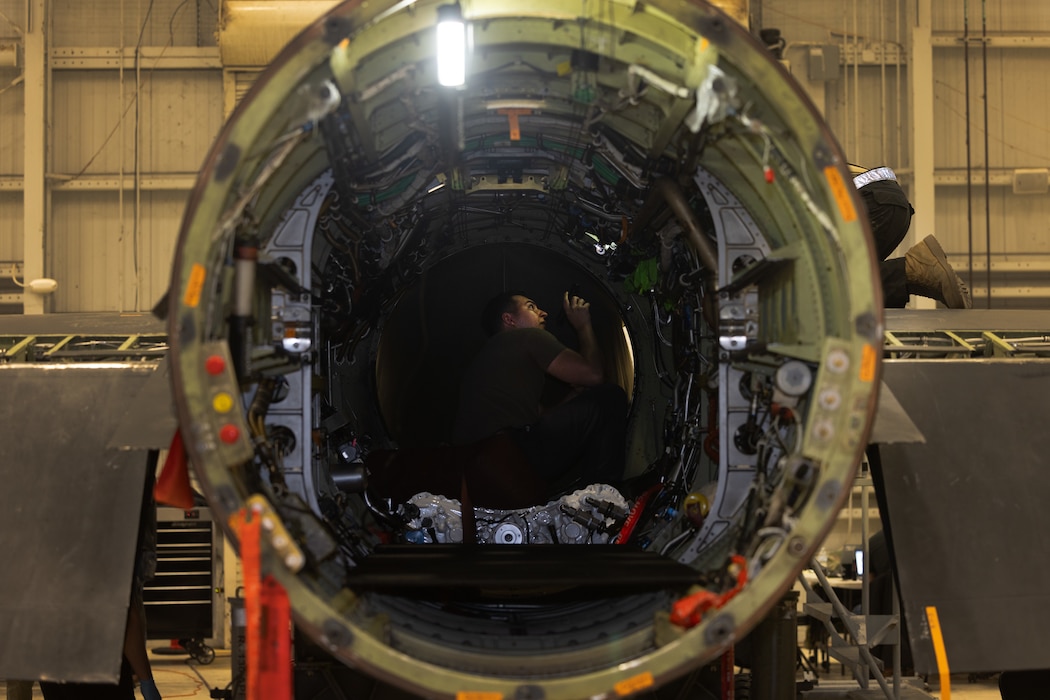 U.S. Air Force Senior Airman Trevor James, 9th Maintenance Squadron aircraft structural maintenance journeyman, inspects the inside of a U-2 Dragon Lady for structural repair on Beale Air Force Base, California, Jan. 23, 2024.