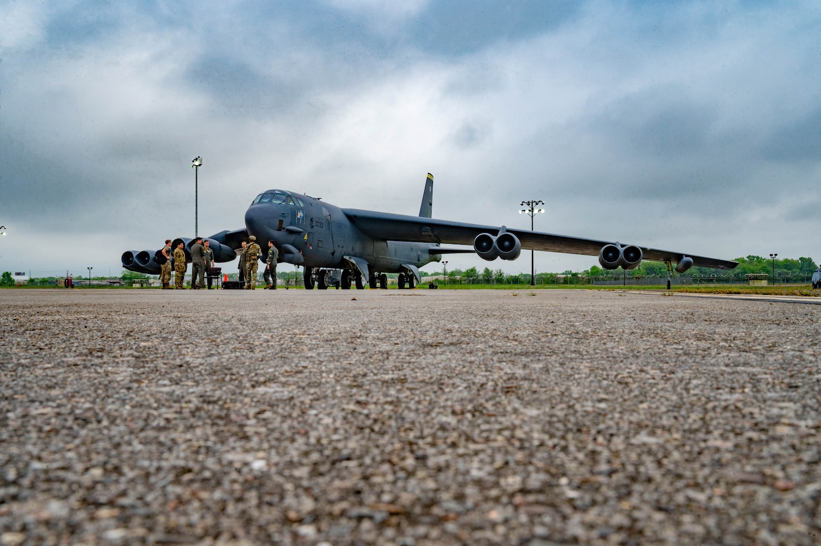 A B-52H Stratofortresses assigned to the 5th Bomb Wing awaits takeoff during exercise Bayou Vigilance on April 8, 2024 at Barksdale Air Force Base, La.