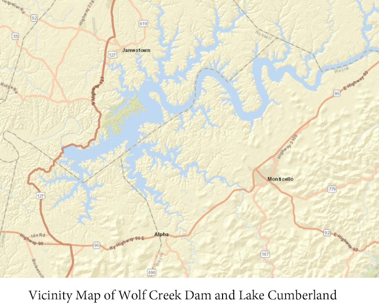 This is a map showing the vicinity of Lake Cumberland and Wolf Creek Dam on the Cumberland River in Kentucky.