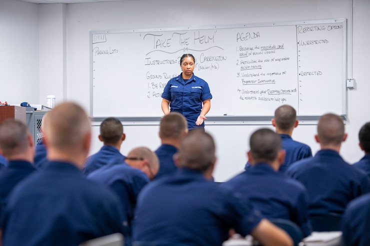U.S. Coast Guard Lt. j.g. Aarica Carrington, the instruction and testing officer at Coast Guard Training Center Cape May, N.J.