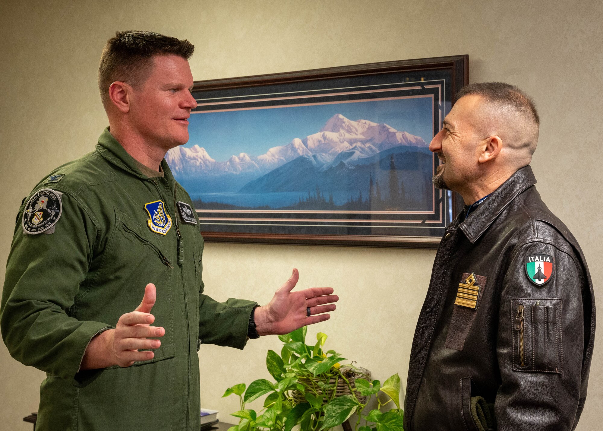 U.S. Air Force Col. Paul Townsend, 354th Fighter Wing commander, welcomes Italian Air Force Col. Vito Cracas, RED FLAG-Alaska Italian Detachment commander.