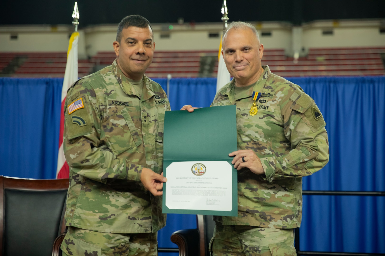 U.S. Army Brig. Gen. Leland L. Blanchard II relinquished command of the District of Columbia Army National Guard’s Land Component Command to Brig. Gen. Craig M. Maceri during a change of command ceremony April 13 at the D.C. Armory. The ceremony, steeped in military tradition and protocol, featured the traditional passing of the unit colors symbolizing the transfer of authority from one commander to another.