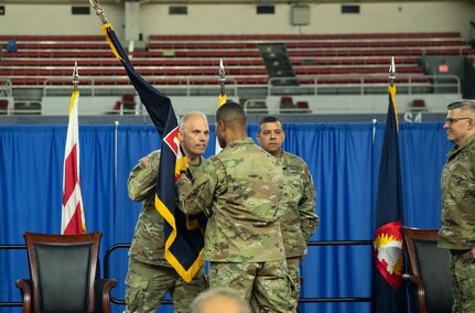 U.S. Army Brig. Gen. Leland L. Blanchard II relinquished command of the District of Columbia Army National Guard’s Land Component Command to Brig. Gen. Craig M. Maceri during a change of command ceremony April 13 at the D.C. Armory. The ceremony, steeped in military tradition and protocol, featured the traditional passing of the unit colors symbolizing the transfer of authority from one commander to another.