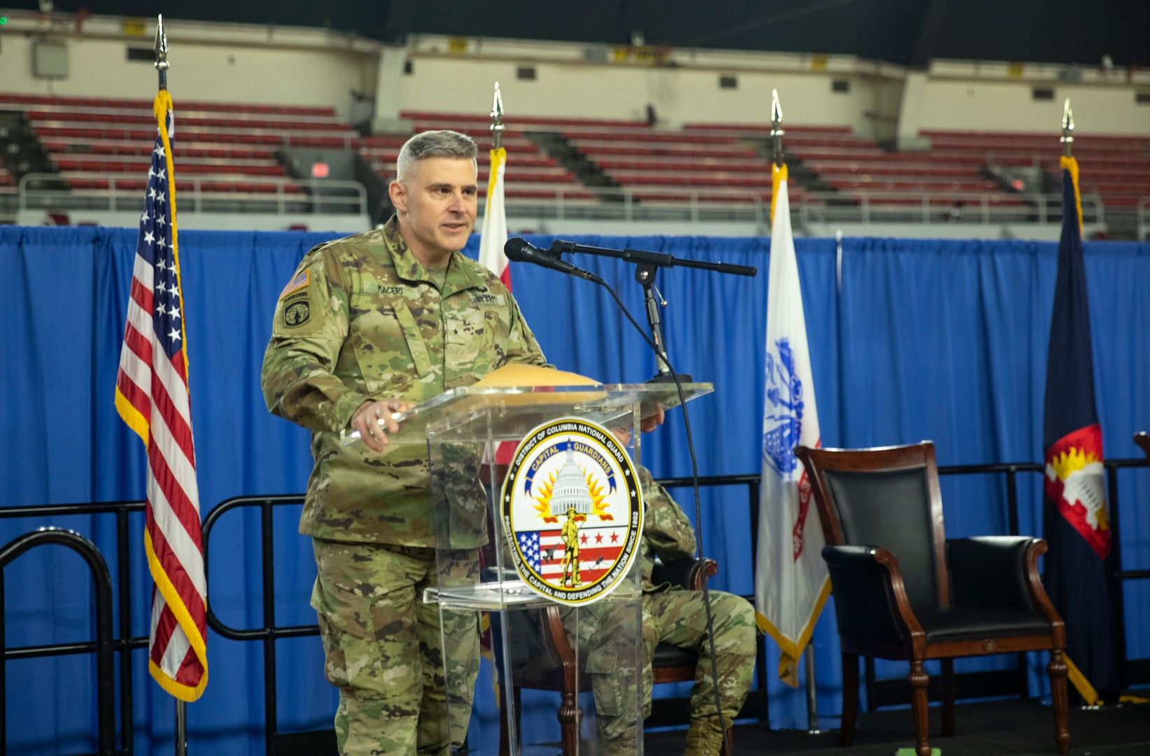 U.S. Army Brig. Gen. Leland L. Blanchard II relinquished command of the District of Columbia Army National Guard’s Land Component Command to Brig. Gen. Craig M. Maceri during a change of command ceremony April 13 at the D.C. Armory. The ceremony, steeped in military tradition and protocol, featured the traditional passing of the unit colors symbolizing the transfer of authority from one commander to another.