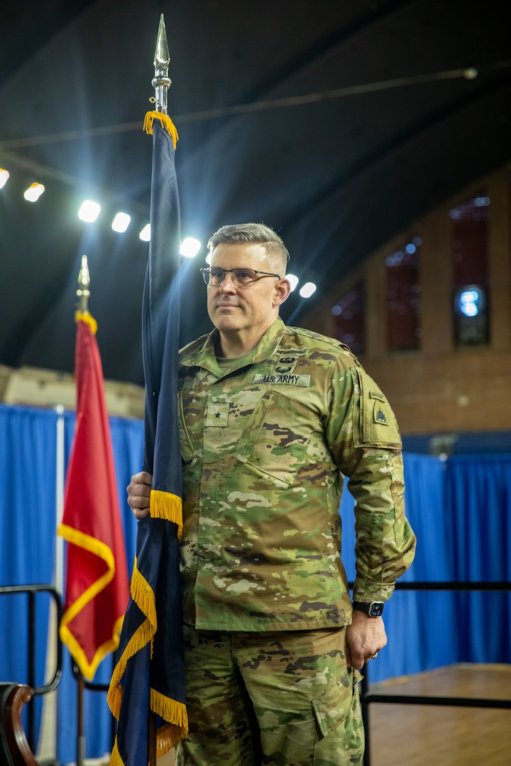 US Army Brig. Gen. Craig M. Maceri, the new commanding general of the Land Component Command, D.C. Army National Guard, receives the unit’s colors and symbolically accepts the responsibility and authority of command during a change of command ceremony, April 13, 2024 in Washington, D.C. Maceri succeeds Brig. Gen. Leland L. Blanchard II who now serves as the Adjutant General of the D.C. National Guard.