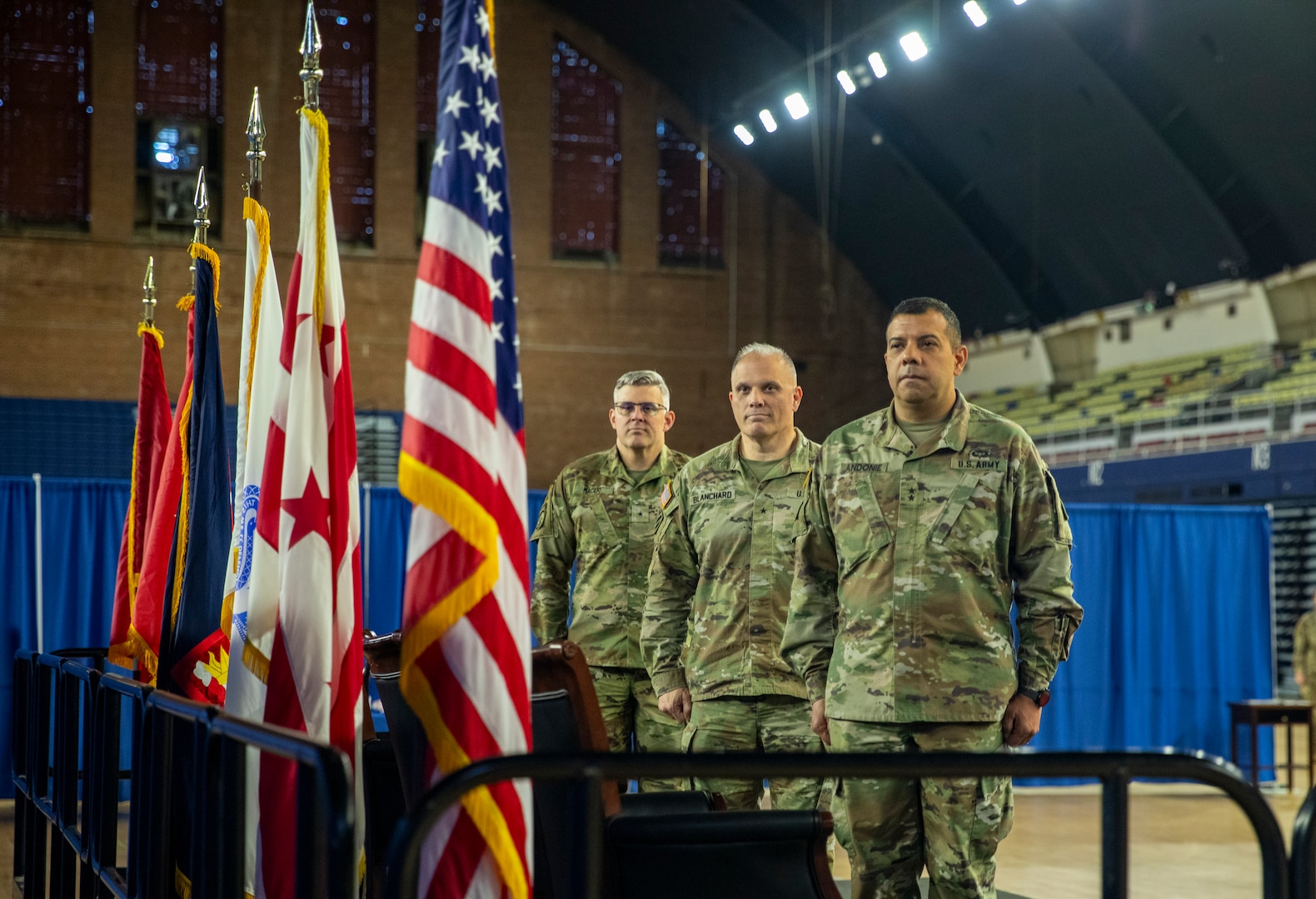 U.S. Army Brig. Gen. Leland L. Blanchard II relinquished command of the District of Columbia Army National Guard’s Land Component Command to Brig. Gen. Craig M. Maceri during a change of command ceremony April 13 at the D.C. Armory. The ceremony, steeped in military tradition and protocol, featured the traditional passing of the unit colors symbolizing the transfer of authority from one commander to another.