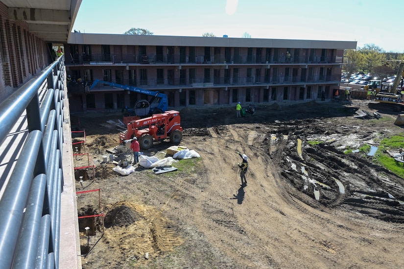 Renna Hall dormitories are being renovated at Joint Base Langley-Eustis, Virginia, April 5, 2024. The renovation, set to be completed in August 2025, will allow 144 more Airmen to live in the dorms. (U.S. Air Force photo by Airman 1st Class Adisen Smith)
