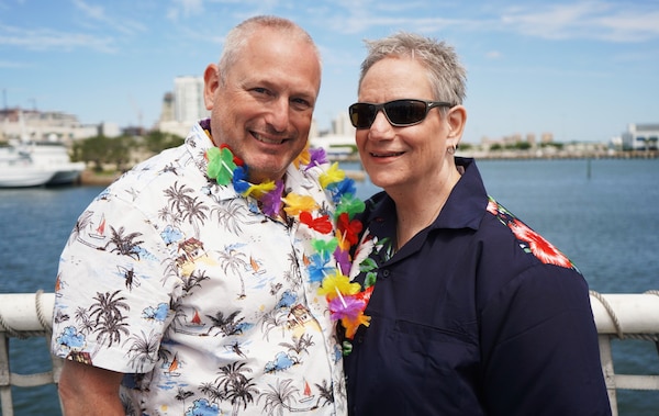 Chief Warrant Officer Robert Kopser and wife, Jennifer, celebrate during his Master Cutterman Ceremony on April 4, 2024 aboard Coast Guard Cutter Venturous in St. Petersburg, Florida. Kopser serves as both the Main Propulsion Assistant and wise counsel on the Venturous.