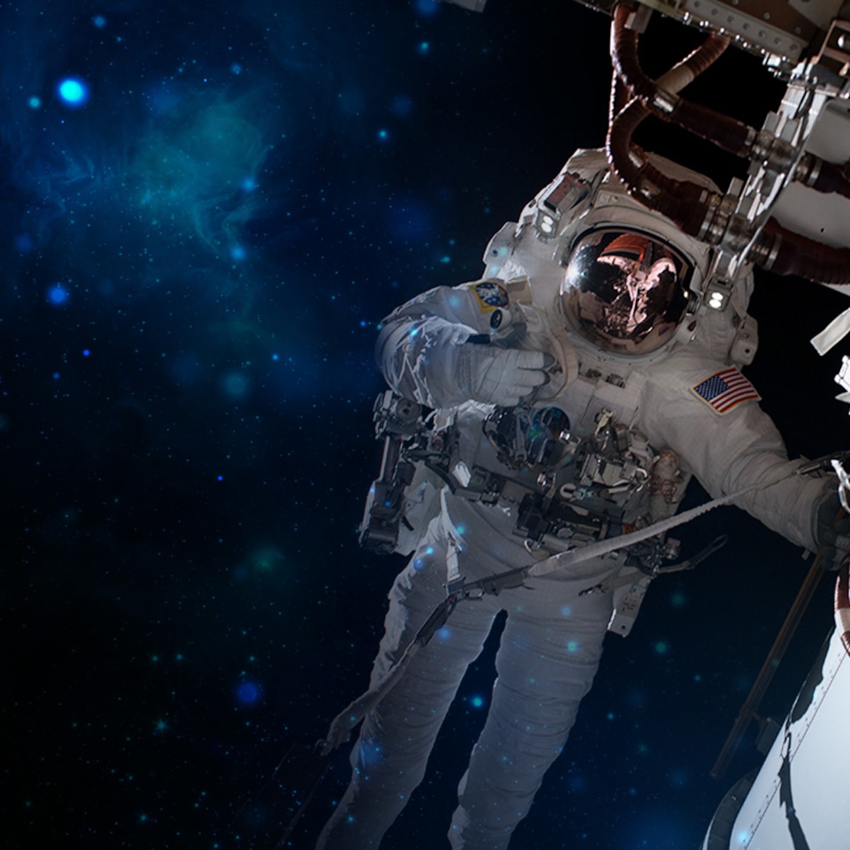 Modified Illustration: astronaut & space (NASA photos). Glitter background © k_e_n / Adobe Stock. [image is not public domain]