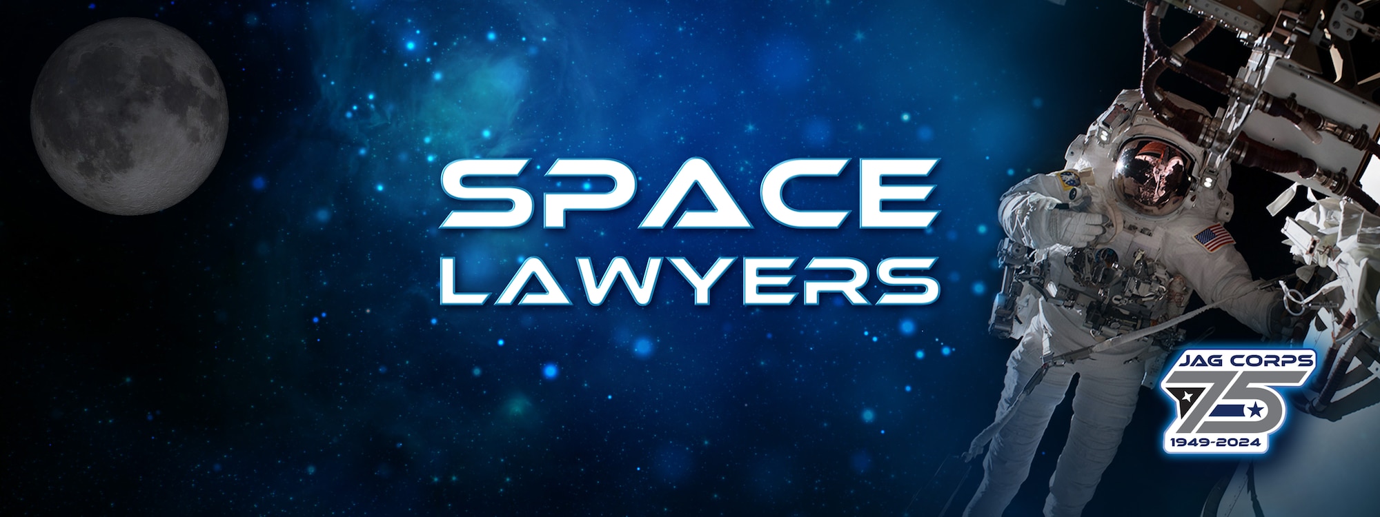 Space Lawyers. Modified Illustration: astronaut, moon & space (NASA photos). Glitter background © k_e_n / Adobe Stock. [image is not public domain]