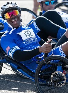 U.S. Air Force Master Sgt. Corey Nowell, 436th Aerial Port Squadron traffic management flight superintendent, prepares to compete in a cycling race during the 2024 Air Force and Marine Corps Trials at Nellis Air Force Base, Nevada, March 9, 2024. Department of Defense wounded warriors competed against each other throughout March. The winners of the trials were guaranteed a spot on the 2024 DOD Warriors Team (U.S. Air Force photo by Jimmy Sanders)