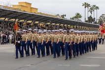 U.S. Marines from Mike Company, 3rd Recruit Training Battalion, march across the parade deck during their graduation ceremony at Marine Corps Recruit Depot San Diego, California, April 12, 2024. Graduation took place at the completion of the 13-week transformation, which included training for drill, marksmanship, basic combat skills, and Marine Corps customs and traditions. (U.S. Marine Corps photo by Cpl. Alexander O. Devereux)