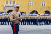 U.S. Marines Corps Lt. Col. Matthew Phelps, battalion commander, 3rd Recruit Training Battalion, speaks to the guests of Mike Company, 3rd Recruit Training Battalion, during their graduation ceremony at Marine Corps Recruit Depot San Diego, California, April 12, 2024. Graduation took place at the completion of the 13-week transformation, which included training for drill, marksmanship, basic combat skills, and Marine Corps customs and traditions. (U.S. Marine Corps photo by Cpl. Alexander O. Devereux)