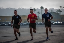 U.S. Marines with Recruit Training Regiment, lead a motivational run for Mike Company, 3rd Recruit Training Battalion, at Marine Corps Recruit Depot San Diego, California, April 11, 2024. The motivational run is the last physical training exercise Marines conduct while at MCRDSD. (U.S. Marine Corps photo by Sgt. Trey Q. Michael)