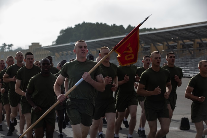 New U.S. Marines with Mike Company, 3rd Recruit Training Battalion, conduct their motivational run at Marine Corps Recruit Depot San Diego, California, April 11, 2024. The motivational run is the last physical training exercise Marines conduct while at MCRDSD. (U.S. Marine Corps photo by Sgt. Trey Q. Michael)