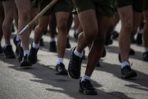 New U.S. Marines with Mike Company, 3rd Recruit Training Battalion, conduct their motivational run at Marine Corps Recruit Depot San Diego, California, April 11, 2024. The motivational run is the last physical training exercise Marines conduct while at MCRDSD. (U.S. Marine Corps photo by Sgt. Trey Q. Michael)