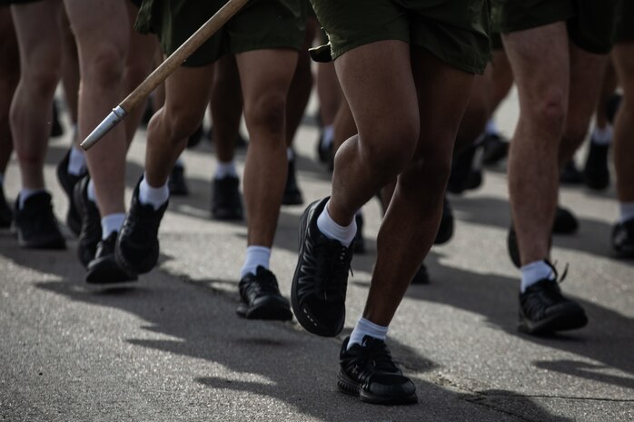 New U.S. Marines with Mike Company, 3rd Recruit Training Battalion, conduct their motivational run at Marine Corps Recruit Depot San Diego, California, April 11, 2024. The motivational run is the last physical training exercise Marines conduct while at MCRDSD. (U.S. Marine Corps photo by Sgt. Trey Q. Michael)