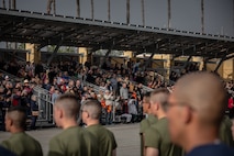 New U.S. Marines with Mike Company, 3rd Recruit Training Battalion, conduct warm-up exercises before their motivational run at Marine Corps Recruit Depot San Diego, California, April 11, 2024. The motivational run is the last physical training exercise Marines conduct while at MCRDSD. (U.S. Marine Corps photo by Sgt. Trey Q. Michael)