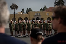 U.S. Marines with Mike Company, 3rd Recruit Training Battalion, stand in formation after completing the motivational run at Marine Corps Recruit Depot San Diego, California, April 11, 2024. The company motivational run is the last physical training event the Marines will conduct before they graduate from MCRD San Diego. (U.S. Marine Corps photo by Sgt. Trey Q. Michael)