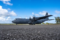 A C-130 Hercules out of Yokota Air Base, Japan, arrives with cargo and personnel supporting the 3rd Air Expeditionary Wing out of Joint Base Elmendorf-Richardson, Alaska, during Exercise Agile Reaper 24-1 at Tinian Forward Operating Site, Northern Mariana Islands, April 9, 2024. AR 24-1 is a 3rd Wing-initiated exercise that focuses on Agile Combat Employment and employs a hub-and-spoke concept of operations with Tinian FOS serving as one of the four disaggregated spokes working under the hub situated at Andersen Air Force Base, Guam. The exercise employs combat-representative roles and processes to deliberately target all participants as a training audience and stress the force’s capability to generate combat air power in an expeditious manner across the Indo-Pacific Region. (U.S. Air Force photo by Tech. Sgt. Curt Beach)