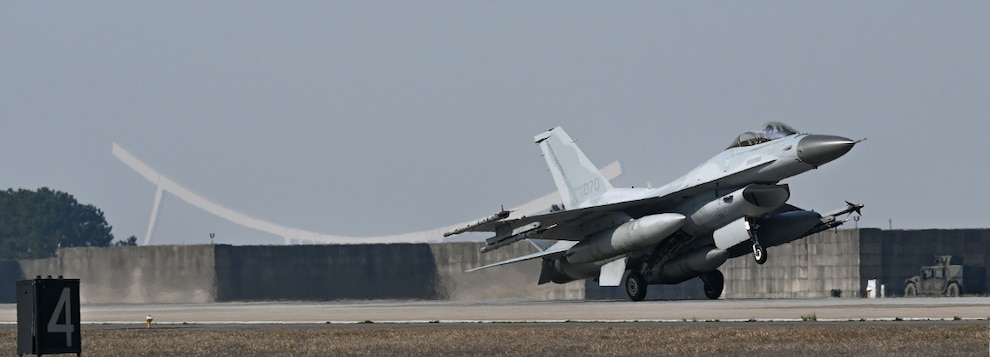 240412-F-SW533-1031 SOUTH KOREA (April 12, 2024) A Republic of Korea Air Force KF-16 Fighting Falcon assigned to the 19th Fighter Wing lands for Korea Flying Training 2024 at Kunsan Air Base, Republic of Korea, April 12, 2024. KFT 24 integrates U.S. and ROK forces to train to defend against surface-to-air and air-to-air threats, ensuring mutual understanding and trust between the two nations. (U.S. Air Force photo by Staff Sgt. Nicholas Ross)