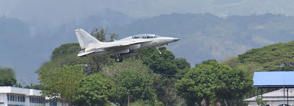 240411-F-LI951-1258 BASA AIR BASE, Philippines (April 11, 2024) A Philippine Air Force FA-50 takes off as part of flight integration training at Basa Air Base, Philippines during Cope Thunder 24-1, Apr. 11, 2024. Cope Thunder 24-1 allowed the U.S. and Philippines to integrate the latest capabilities and technologies for the enhancement of interoperability at all levels. (U.S. Air Force photo by Master Sgt. Darnell T. Cannady)