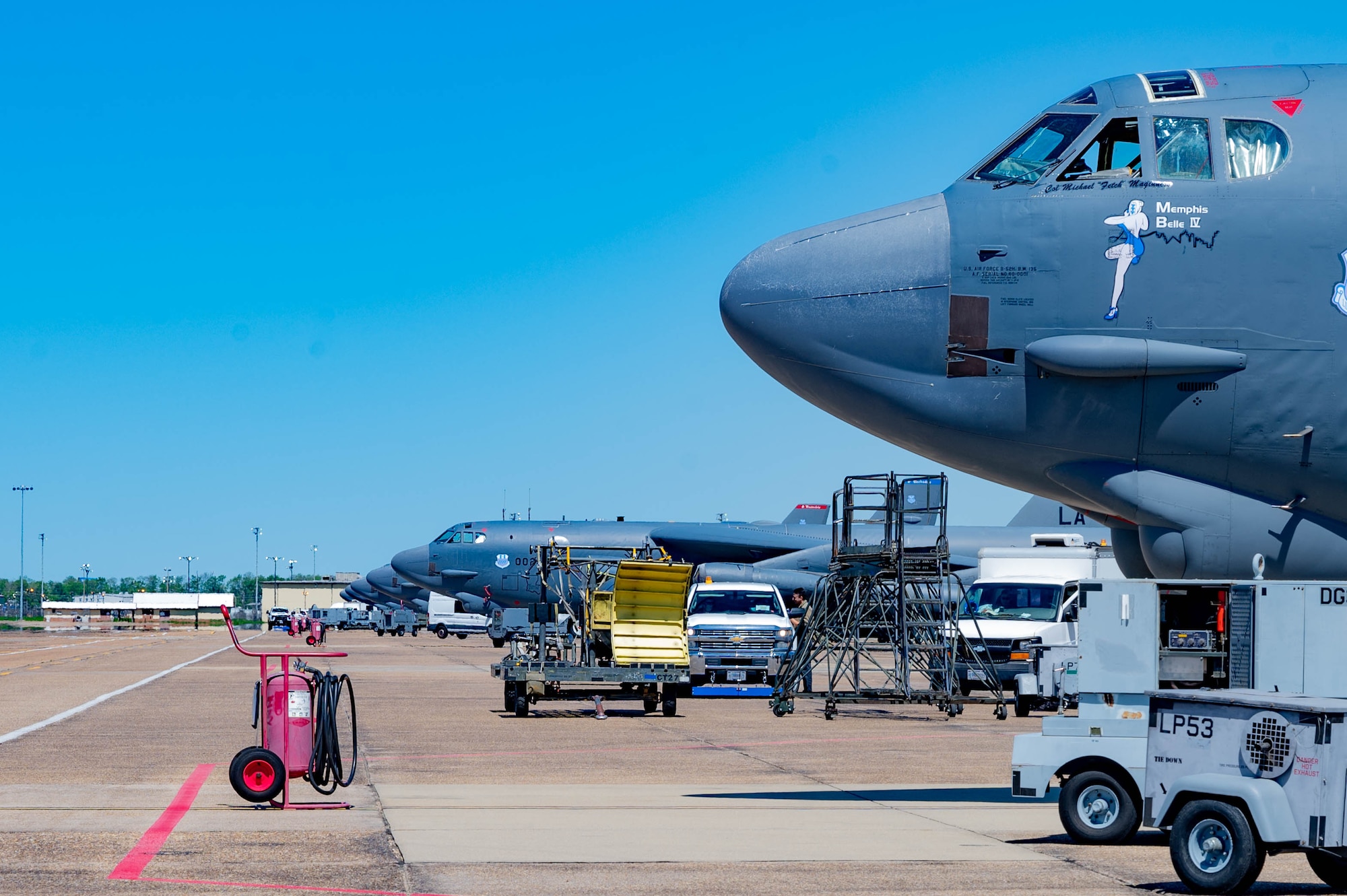 B-52H Stratofortresses receive maintenance during exercise Bayou Vigilance on April 3, 2024 at Barksdale Air Force Base, La.