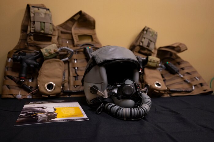 An Integrated Cockpit Sensing, or ICS, system with helmet-based, base layer and life-support sensors prepares for flight testing with the 422d Test and Evaluation Squadron at Nellis Air Force Base, Nevada, Jan. 30, 2024. An Air Force Research Laboratory team developed the ICS system to provide an airworthy platform for comprehensive physiological, life-support and environmental monitoring to improve pilot safety and performance. (U.S. Air Force photo / Senior Airman Megan Estrada)