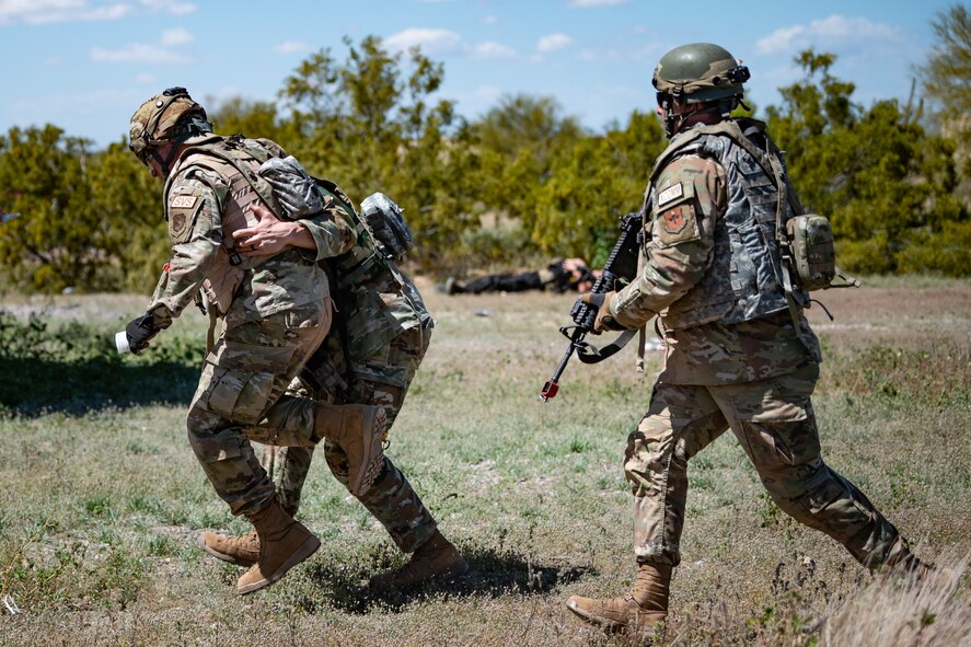 More than 75 Reserve Citizen Airmen of the 944th Fighter Wing, along with 10 Airmen from the 56th Fighter Wing, conducted ‘Ready Airmen Training’ during what was dubbed “Field Training Exercise Desert Anvil”, the first of its kind hosted by the 944th Mission Support Group with the 944th Aeromedical Staging Squadron at Florence Military Reservation in Florence, Ariz., Apr. 5-6, 2024. The mission of this training was for Airmen to transcend the boundaries of their usual roles and embrace the unpredictability of combat through a rigorous training regimen designed to mirror the complexities of modern warfare. (U.S. Air Force photo by Tech. Sgt. Tyler J. Bolken)