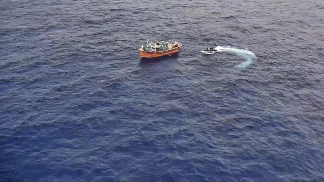 A boarding craft from the Indian Navy’s INS Talwar (F40), lead ship of the Talwar-class frigates, approaches a vessel suspected of smuggling illicit narcotics in the Arabian Sea, April 13.