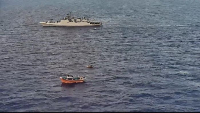 A boarding craft from the Indian Navy’s INS Talwar (F40), lead ship of the Talwar-class frigates, approaches a vessel suspected of smuggling illicit narcotics in the Arabian Sea, April 13.