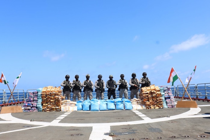 A boarding team from the Indian Navy’s INS Talwar (F40), lead ship of the Talwar-class frigates, displays illicit narcotics confiscated  from a vessel in the Arabian Sea, April 13.