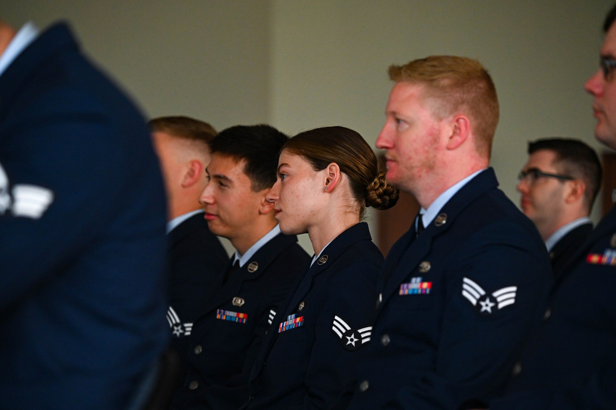 Class 24-D at Eglin’s Airman Leadership School listen to an introductory brief by U.S. Air Force Chief Master Sgt. Will Cupp, 350th Spectrum Warfare Wing command Chief, at Eglin Air Force Base, April 8, 2024. ALS is designed to be an entry level leadership enhancement course to prepare Senior Airmen for positions of greater responsibility by strengthening their ability to lead, follow, and manage while also gaining a broader understanding of the military profession and their role within the Air and Space Forces. (U.S. Air Force photo by Capt. Benjamin Aronson)