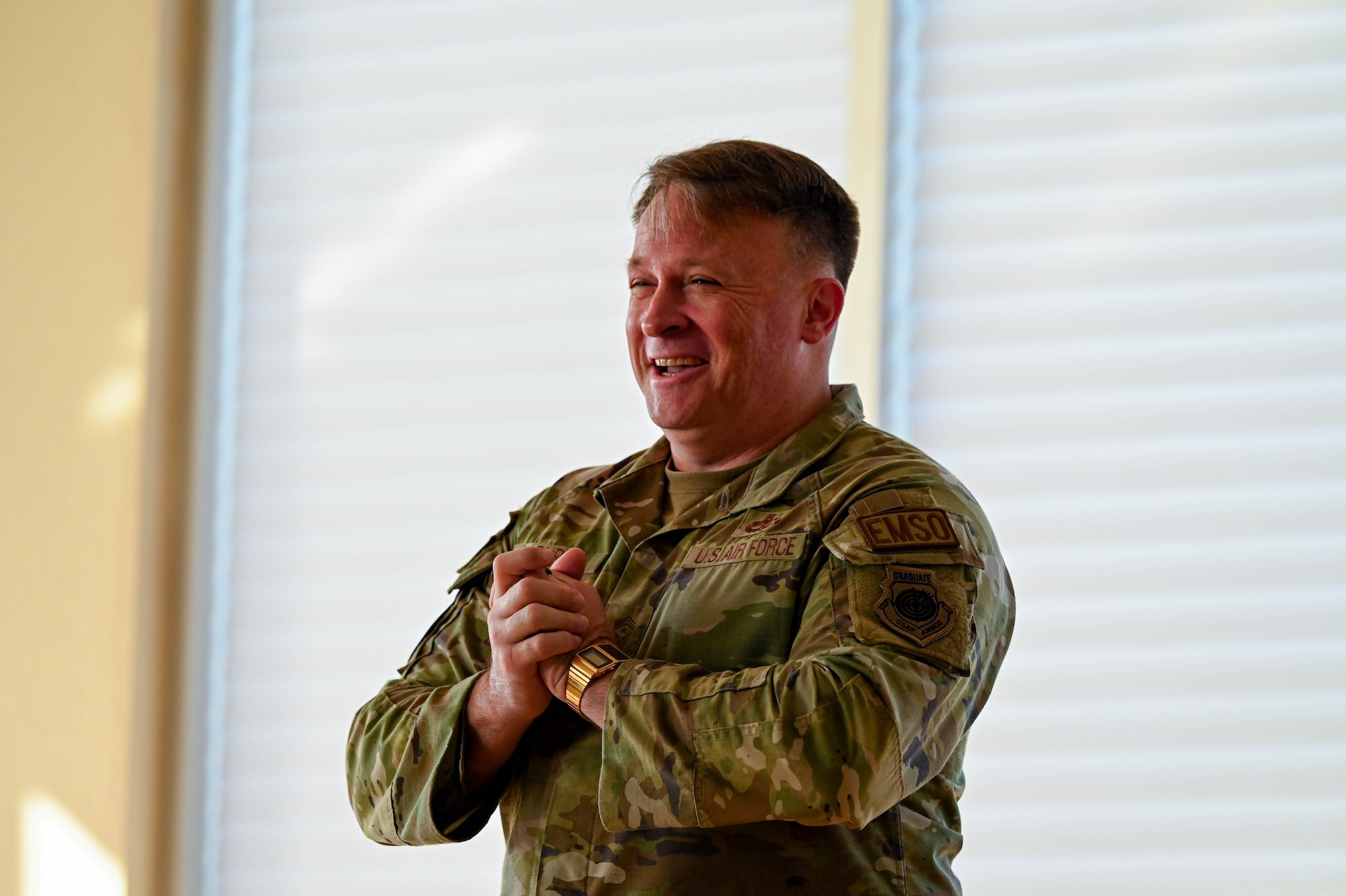 U.S. Air Force Chief Master Sgt. Will Cupp, 350th Spectrum Warfare Wing command Chief, engages with Airman Leadership School Class 24-D on their first day in ALS at Eglin Air Force Base, Fla., April 8, 2024. ALS prepares Airmen, Guardians and Staff Sergeants to be adaptable for current and future leadership and management challenges in order to operate, think, act, and respond in complex and ambiguous environments through the application of four outcome-based objectives: Culture, Mission, Leadership and Problem Solving. (U.S. Air Force photo by Capt. Benjamin Aronson)