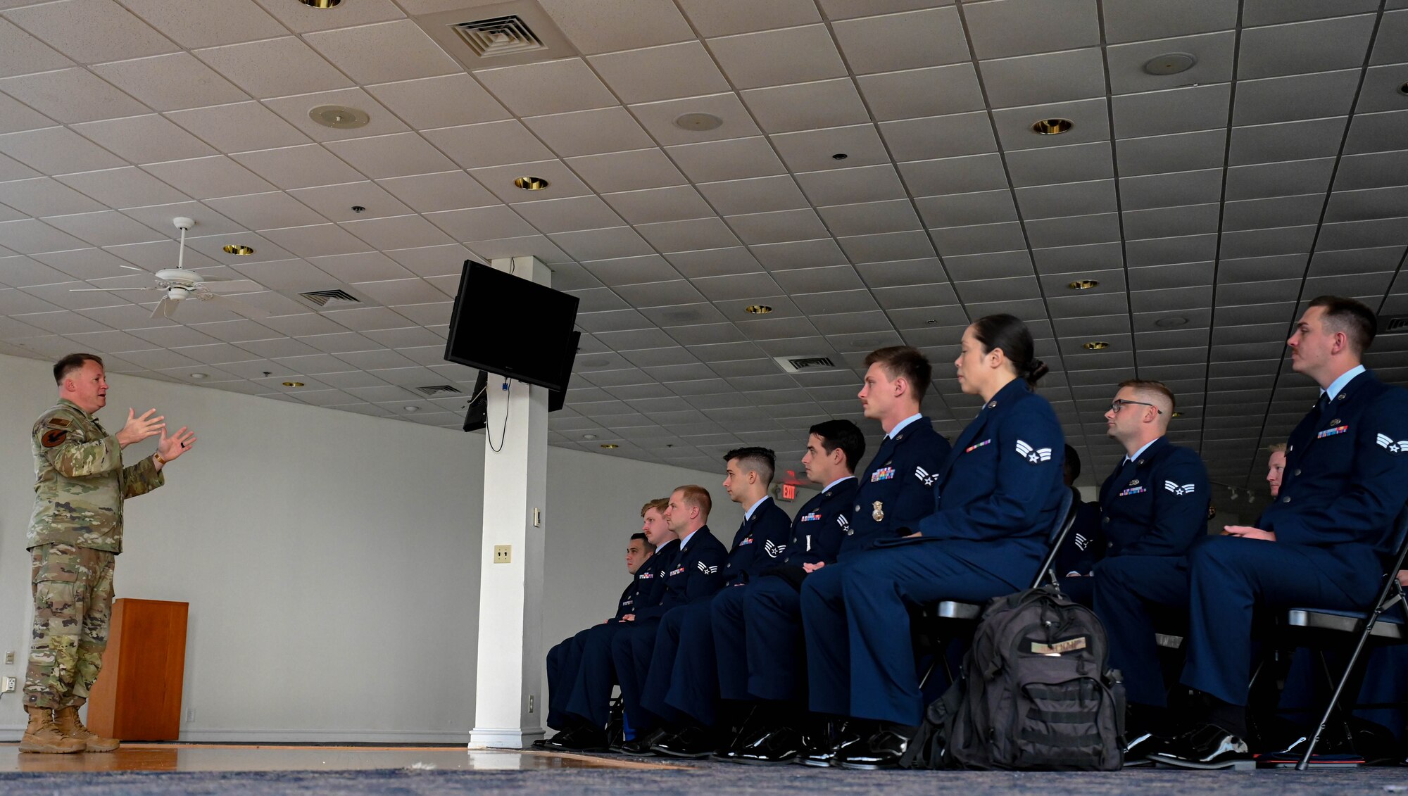U.S. Air Force Chief Master Sgt. Will Cupp, 350th Spectrum Warfare Wing command Chief, engages with Airman Leadership School Class 24-D on their first day in ALS at Eglin Air Force Base, Fla., April 8, 2024. ALS prepares Airmen, Guardians and Staff Sergeants to be adaptable for current and future leadership and management challenges in order to operate, think, act, and respond in complex and ambiguous environments through the application of four outcome-based objectives: Culture, Mission, Leadership and Problem Solving. (U.S. Air Force photo by Capt. Benjamin Aronson)
