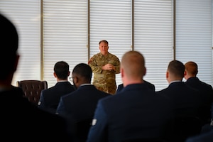 U.S. Air Force Chief Master Sgt. Will Cupp, 350th Spectrum Warfare Wing command Chief, briefs Eglin Airman Leadership School Class 24-D at Eglin Air Force Base, Fla., April 8, 2024. ALS prepares Senior Airmen and Guardians to be professional, war-fighting Airmen and Space Professionals who can supervise and lead work teams as an all-domain joint warfighting professional to support the employment of an Air and Space power. (U.S. Air Force photo by Capt. Benjamin Aronson)