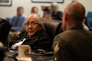 Thora Walsh-Padilla, Mescalero Tribe president, attends a mission brief  at Holloman Air Force Base, New Mexico, April 1, 2024.
