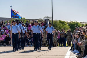 U.S. Airmen assigned to the 336th Training Squadron march in formation during the Second Quarter Drill Down at Keesler Air Force Base, Mississippi, April 12, 2024. Drill downs are hosted quarterly by the 81st Training Group to allow Airmen in training an opportunity to demonstrate proficiency in executing drill movements. (U.S. Air Force photo by Andrew Young)