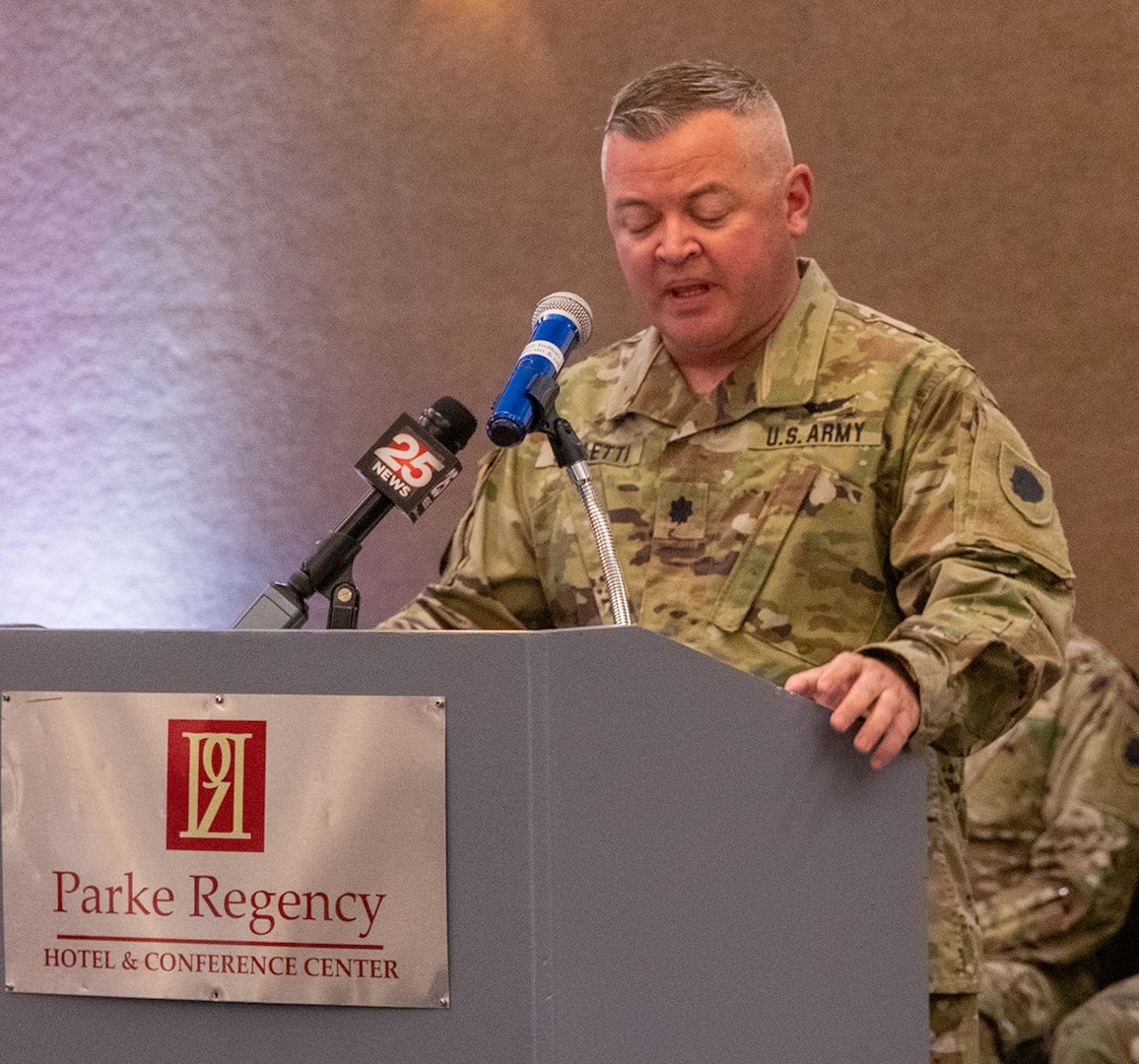 Lt. Col. Jason Celletti, Commander, 1st Battalion, 106th Aviation Regiment, outlines the unit’s accomplishments during the year-long deployment to the U.S. Central Command’s area of responsibility. Approximately 195 Soldiers were officially welcomed home during a ceremony in Bloomington, April 13.