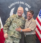 Maj. Gen. Bill Crane, adjutant general of the West Virginia National Guard, laughs with Gen. Orestes Vargas, Peruvian Army chief of staff, in Lima, Peru, in late March 2024.The West Virginia Guard partners with Peru, Qatar and Gabon via the Department of Defense National Guard Bureau State Partnership Program.
