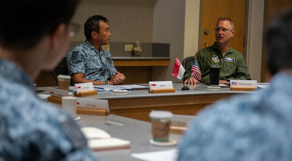 U.S. Air Force Brig. Gen. Brian Laidlaw, Director of Strategy, Plans, Programs and Requirements, Headquarters Pacific Air Forces, gives opening remarks for the PACAF-Republic of Singapore Air Force Dialogue at Joint Base Pearl Harbor-Hickam, Hawaii, April 10, 2024. During the two-day event, the attendees received briefings on various topics such as IAMD, Space Force and Information Operations. (U.S. Air Force photo by Tech. Sgt. Hailey Haux)